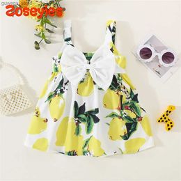 Vestidos de menina verão Childrens Beach Strap Wear Lemon Print Bowknot Cool Cotton Girls Dress Y240415