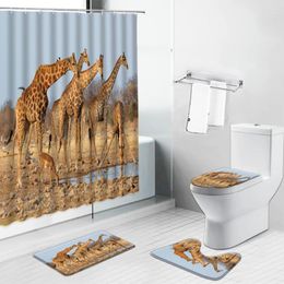 Shower Curtains Africa Animal Giraffe Curtain Tiger Elephant Zebra Non Slip Carpets Toilet Lid Cover Rug Mat Cartoon Bathroom Set