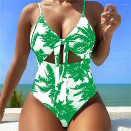 Women's Swimwear Green Trees Print Bikini Hollow Out Knotted Bandage Monokini Swimsuit Women Vacation Swimwears One Piece Beach Wear Bathing