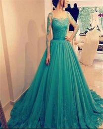 Vestidos De Festa 2019 Elegant Ball Gown Evening Dresses Sheer Long Sleeves Tulle Prom Dress Lace Appliques Floor Length Formal Pa2994658