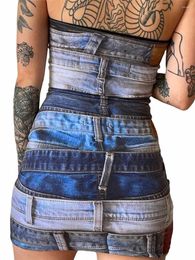 Casual Dresses FOMOYUU Women S Sexy Denim Dress Strapless Sleeveless Buckle Belted Bodycon Corset Mini Y2k Clubwear