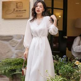 Casual Dresses White Embroidered Chiffon Dress For Spring Summer Female 2024 High-End Temperament Loose Slimming Holiday Long