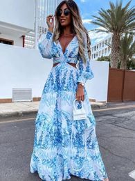 Elegant Womens Dresses Summer Hollow Sexy Print V-Neck Long Sleeve Dress Holiday Beach Lady Vesido Mujer Robe S-XXXL 240409