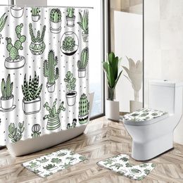 Shower Curtains Cartoon Cactus Pattern Curtain Set Nordic Tropical Green Plant Potted Child Bathroom Non-Slip Pedestal Rug Toilet Cover