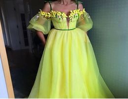 2017 Colorful ALine Evening Dresses with Spaghetti Neckline Sheer Puff Sleeves Boned Bodice Sweep Train Handmade Flowers Party Pr9526718