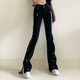 Women's Jeans Hipster Wear Personality Multi-Zipper Cargo Women Split High Waist Horn Style In Black Fashion Pants Waisted