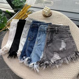 Summer High Waist Tassel Hole Denim Shorts Women Korean Version Raw Edge Wide Leg Loose Black Blue Jean Female 240415