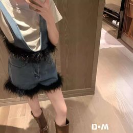 Mi24 Spring/summer Fairy Ostrich Hair Spliced Short Sleeve T-shirt+high Waist Denim Shorts Feather Edge Set Decoration