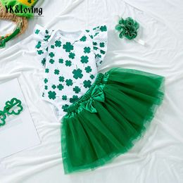 St. Patrick's Girls Party Dress Set Baby Flying Sleeves Sweetheart Green Half Skirt Hair Accessories 3-piece Set