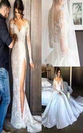 2016 New Split Lace Steven Khalil Wedding Dresses With Detachable Skirt Sheer Neck Long Sleeves Sheath High Slit Overskirts Bridal1223556