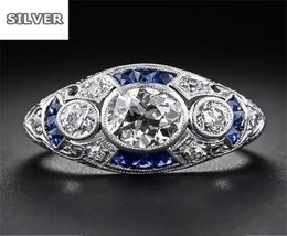 925 anillos Silver Retro Court Full Cubic Zirconia Ring For Women Ladies Elegant Blue Crystal Rings Banquet Sapphire Jewelry6953657