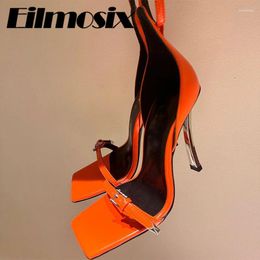 Sandals Metal Buckle Square Toe Super High Heels Women Sexy Thin Peep Runway Summer