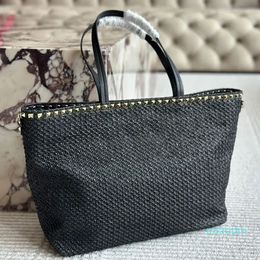 Straw Weave Tote Shopping Bag Fashion Letters Golden Leather Handle Magnetic Button Women Handbags Purse Inside Zipper Pocket Large Capacity Pockets