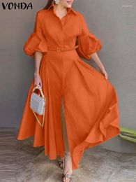 Casual Dresses VONDA Women Bohemian Maxi Dress Elegant Lantern Sleeve Big Swing Party Shirt Sundress 2024 Solid Colour