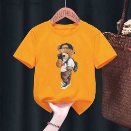 T-shirts 2023 Funny Bear Selfie Print Kid T-shirts Children Baby Cute Harajuku Kawaii Clothing Boy Girl Tops Gift Present T240415