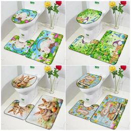 Bath Mats Funny Easter Mat Set Green Plants Cartoon Animals Eggs Home Carpet Bathroom Decorative Floor Rugs Toilet Lid Cover