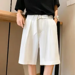 Men's Shorts Thin Men Workout Mid-rise Suit With Belt For Office Work Casual Solid Color Knee Length Wide Leg