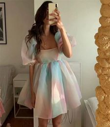 Tiedyed Rainbow Organza Dress Aline Puff Sleeve Cute Summer for Women Skater Short Party Holiday 2105146864842