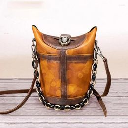 Bag Form 2024 Retro Women Bucket Genuine Leather Hand Painted Hasp Shoulder Bags Cowhide Ladies Mini Messenger