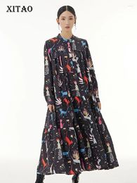 Casual Dresses XITAO Stand Collar Shirt Dress Loose Fashion Contrast Colour Print Splicing Big Hem Long Sleeve Pullover WLD9101
