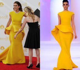 Gorgeous 2017 Arabic Dubai Evening Dresses Mermaid Cap Sleeves Satin Mustard Yellow Sparkle Sequin Formal Prom Gown Celebrity Dres2307594