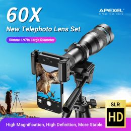 Lens APEXEL 60X Telephoto Phone Lens Metal Monocular LongRange with Tripod for Iphone13/14 ProMax Outdoor Mobile Telescope Spot Scope