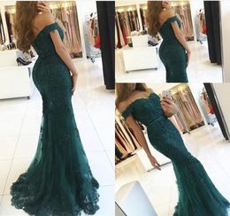 Hunter Green Lace Beaded Mermaid Evening Formal Dresses 2019 Modest Saudi Arabia Offshoulder Fishtail Occasion Prom Gowns Wear8931666