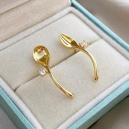 Stud Earrings Luxury Simple Ladies Earring 14K Gold Plated Exquisite Inlaid Zircon Hip Hop Creative Spoon Fork Women Christmas Party Gift