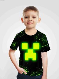 Clothing Sets Fluorescent Building Block Puppet 3D Print Boys T-shirt Kids Casual Short Sleeve Crew Neck Top Summer Daily Wear Top T240415