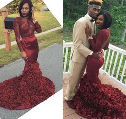 Sexy Black Girl Mermaid Burgundy South African Prom Dress Long Sleeve Evening Party Gown Custom Made Plus Size1421731