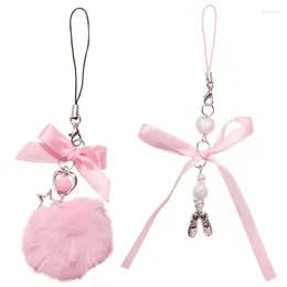Keychains Plush Ball Bowknot Hanging Pendant Sweet Phone Strap Bag Decoration Portable Y2K Lanyard For Girls Women H9ED