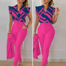 Women's Two Piece Pants Retro Print V-neck Suit Color Matching Ol Clothes Elegant Office Wear Set With V Neck Top High Waist Belt For Work