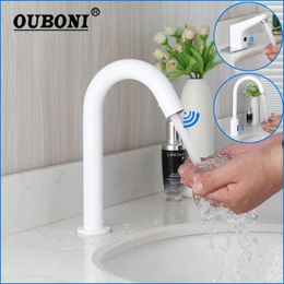 Bathroom Sink Faucets OUBONI White Automatic Touch Free Sensor Faucet Solid Brass Mixer Tap Water Saving Inductive Electric Power