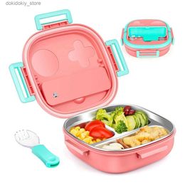 Bento Boxes Stainless Steel Kid Bento BoxLeak Proof3-CompartmentLunch Box with Cutlery-Ideal Portion Sizes for Aes 1 to 3 Pink L49