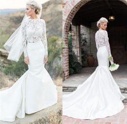 Two Pieces Mermaid Wedding Dresses with Long Sleeves Lace Bridal Dresses Separate Satin Train Illusion Bridal Crop Tops8453568