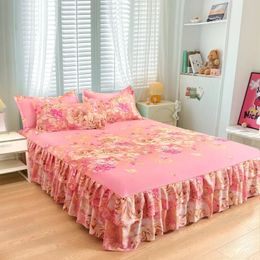 Lace Trim Trilateral Heightening Bed Skirt Pillowcase Threepiece Set Antislip Mattress Cover Soft Comfortable Cotton Double 240415
