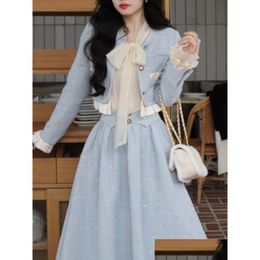 Two Piece Dress High Quality French Vintage Small Fragrance Set Women Short Jacket Coat Midi Skirt Suits Office Ladies 2 Drop Deliver Dhsh7