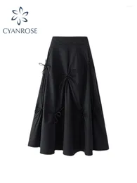 Skirts Black Vintage Long Pleated Butterfly Decoration Skirt Women 2024 Autumn Winter Fashion Lady High Waist A Line Female