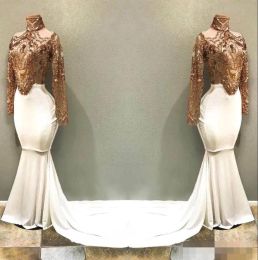 Gold White High Neck Prom Dresses Sweep Train Appliqued Sequined Mermaid 2024 Long Sleeves Evening Party Ball Gown Custom Made vestido