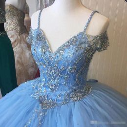 Light Sky Blue Ball Gown Beading Quinceanera Dresses Off the Shoulder Straps Tulle Tiered Skirt Custom Made Sweet 16 Pageant Dress