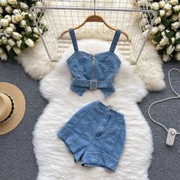 Summer Women Denim Suits Elegant Zippers Camisole Tops And High Waist Wide Leg Jean Shorts Sexy 2pcs Set 240415