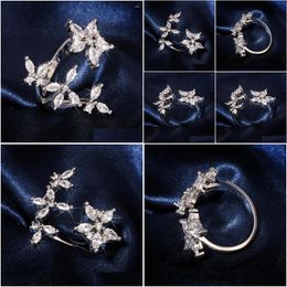 Cluster Rings Fashion Jewellery Ladies 925 Sier Butterfly Open Ring Shiny Cubic Zirconia Bride Anniversary Adjustable Drop Delivery Dhe7M