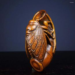 Decorative Figurines Chinese Natural Boxwood Hand Carved Exquisite Cicada Statue