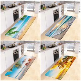 Bath Mats Ocean Beach Kitchen Floor Mat Tropical Palm Leaves Sea Waves Dusk Nature Scenery Home Decor Long Carpet Anti-Slip Rug