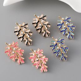 Stud Earrings Fashion Romantic Simple Enameling Leaf Shaped Rhinestone Pearl Beads For Women Party Jewelry Wholesale