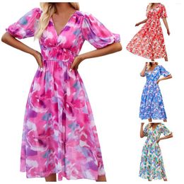 Casual Dresses Tie Dye Boho Dress Women V Neck Smocked Lantern Sleeve Floral Long Summer Beach Leisure Big Swing High Waist Maxi