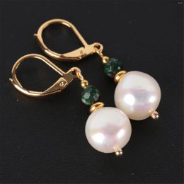 Dangle Earrings 10-11MM White Baroque Pearl Emerald Bead Earring Ear Drop Crystal Silver Clip-on Chandelier Minimalist Party Hoop Men