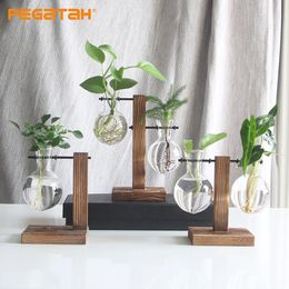 Transparent Bulb Vase with Wooden Stand Desktop Glass Planter for Hydroponics Plants Coffee Shop Room Decor 240423