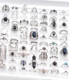 Bulk Lots 50pcs Antique Silver Bohemia Vintage Rings Women Natural Stone Charm Ethnic Fashion Party Gifts Jewelry Accessory Wholes2948114