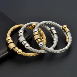 Fashion Stainless Steel Open Men Male Cuff Crystal Bangles Trendy Mesh Surface Strand Beads Sporty Bracelets 240415